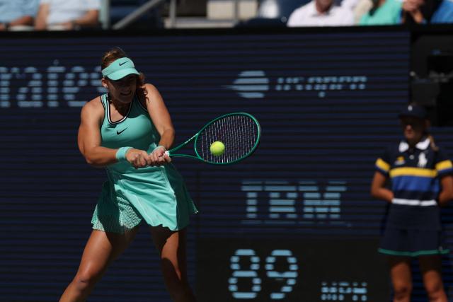 Russia's Mirra Andreeva hits a return against Austria's Anastasia Potapova during their women's singles round of 16 tennis match on day nine of the US Open tennis tournament at the USTA Billie Jean King National Tennis Center in New York City on September 7, 2026. (Photo by TIMOTHY A. CLARY / AFP)