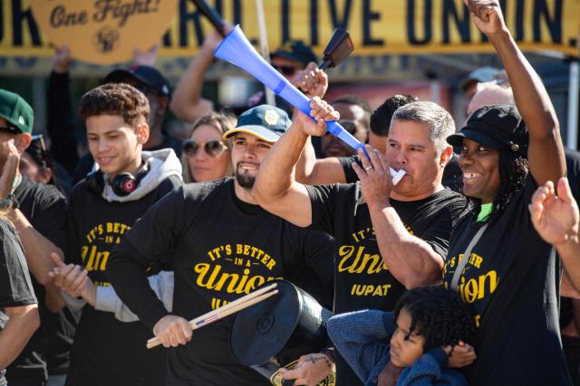 Union members really together during the Boston Labor Day Parade in Boston, Massachusetts on September 7, 2026.  (Photo by JOSEPH PREZIOSO / AFP)
