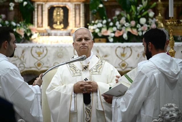 Pope Leo XIV leads a mass to celebrate the Nativity of the Blessed Virgin Mary at Basilica of Our Lady of Good Counsel, in Genazzano, near Rome, on September 7, 2026. (Photo by Filippo MONTEFORTE / AFP)