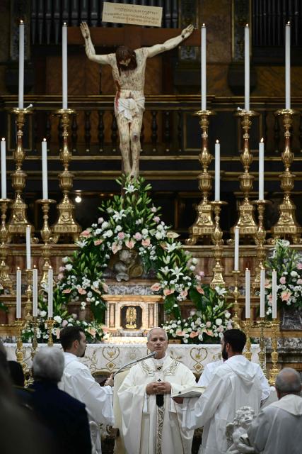 Pope Leo XIV leads a mass to celebrate the Nativity of the Blessed Virgin Mary at Basilica of Our Lady of Good Counsel, in Genazzano, near Rome, on September 7, 2026. (Photo by Filippo MONTEFORTE / AFP)