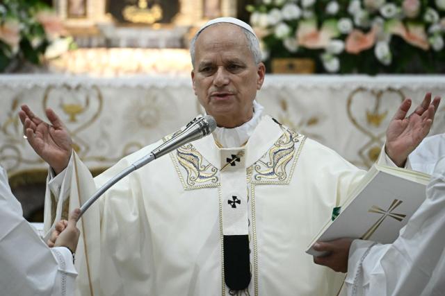 Pope Leo XIV leads a mass to celebrate the Nativity of the Blessed Virgin Mary at Basilica of Our Lady of Good Counsel, in Genazzano, near Rome, on September 7, 2026. (Photo by Filippo MONTEFORTE / AFP)