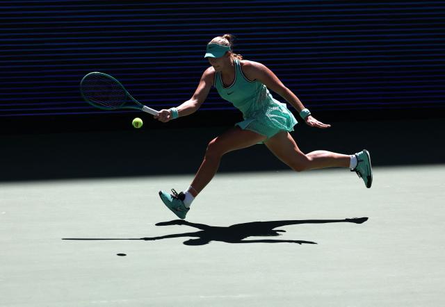 Russia's Mirra Andreeva hits a return against Austria's Anastasia Potapova during their women's singles round of 16 tennis match on day nine of the US Open tennis tournament at the USTA Billie Jean King National Tennis Center in New York City on September 7, 2026. (Photo by TIMOTHY A. CLARY / AFP)