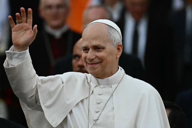Pope Leo XIV waves to the crowd after leading a mass to celebrate the Nativity of the Blessed Virgin Mary at Basilica of Our Lady of Good Counsel, in Genazzano, near Rome, on September 7, 2026. (Photo by Filippo MONTEFORTE / AFP)