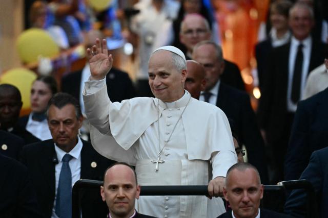 Pope Leo XIV waves to the crowd after leading a mass to celebrate the Nativity of the Blessed Virgin Mary at Basilica of Our Lady of Good Counsel, in Genazzano, near Rome, on September 7, 2026. (Photo by Filippo MONTEFORTE / AFP)