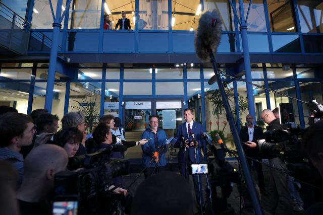 Saxony-Anhalt's State Premier Sven Schulze (C-R) and Secretary-General of the CDU in Saxony-Anhalt Mario Karschunke (C-L) address the press following a meeting of the conservative Christian Democratic Union (CDU) party on the aftermath of the state election in Saxony-Anhalt, in the GTZH Industry Park in Magdeburg, eastern Germany on September 7, 2026. The defeated centre-right premier of Germany's Saxony-Anhalt state said on September 7 that election winners the far-right AfD had won the right to try to form a governing majority. (Photo by Ronny HARTMANN / AFP)