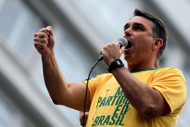 Brazil's presidential candidate Flavio Bolsonaro, of the Liberal Party (PL), speaks during a rally held on Independence Day in Sao Paulo, Brazil, on September 7, 2026. (Photo by Miguel SCHINCARIOL / AFP)