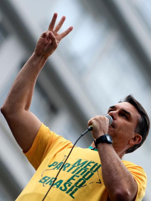 Brazil's presidential candidate Flavio Bolsonaro, of the Liberal Party (PL), speaks during a rally held on Independence Day in Sao Paulo, Brazil, on September 7, 2026. (Photo by Miguel SCHINCARIOL / AFP)