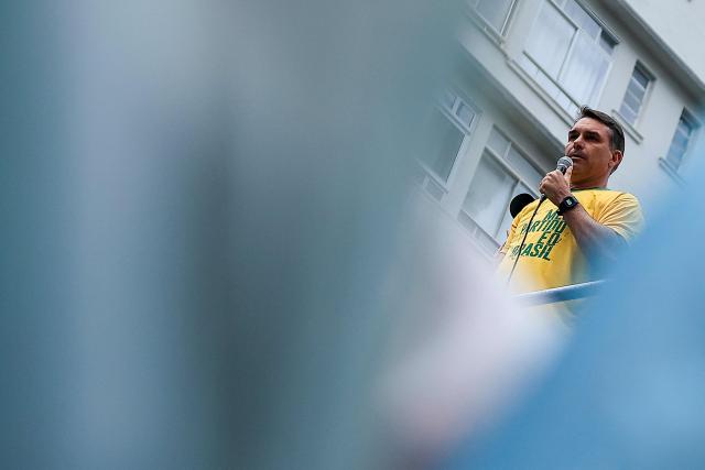Brazil's presidential candidate Flavio Bolsonaro, of the Liberal Party (PL), speaks during a rally held on Independence Day in Sao Paulo, Brazil, on September 7, 2026. (Photo by Miguel SCHINCARIOL / AFP)