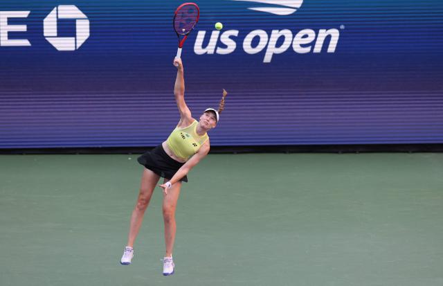 Kazakhstan's Elena Rybakina serves to Japan's Naomi Osaka during the women's singles round of 16 tennis match on day nine of the US Open tennis tournament at the USTA Billie Jean King National Tennis Center in New York City on September 7, 2026. (Photo by TIMOTHY A. CLARY / AFP)
