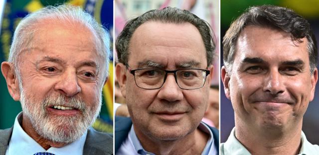 (COMBO) This combination of file pictures created on September 7, 2026, shows Brazil's President Luiz Inacio Lula da Silva (L) gesturing during the signing into law of a bill establishing a National Day of Remembrance for the Victims of COVID-19 in Brasilia on May 11, 2026, Augusto Cury (C), physician and presidential candidate for the Avante party, looking on during a rally at Copacabana in Rio de Janeiro, Brazil, on September 7, 2026 and Senator and right-wing presidential candidate Flavio Bolsonaro gesturing towards supporters during a rally at Mackenzie Esporte Clube in Belo Horizonte, Brazil on August 17, 2026. Brazil will hold a presidential election on October 4, 2026. (Photo by Gledston Tavares / AFP)