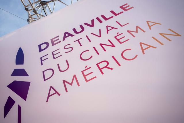 This photograph taken on September 7, 2026  shows the Deauville american film festival logo displayed by the red carpet during the 52nd edition of the Deauville American film festival, in Deauville, northwestern France. (Photo by Guillaume SALIGOT / AFP)