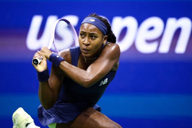 USA's Coco Gauff returns the ball to USA's Iva Jovic during the women's singles round of 16 tennis match on day nine of the US Open tennis tournament at the USTA Billie Jean King National Tennis Center in New York City on September 7, 2026. (Photo by CHARLY TRIBALLEAU / AFP)