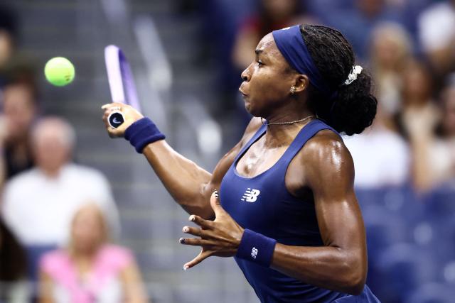 USA's Coco Gauff returns the ball to USA's Iva Jovic during the women's singles round of 16 tennis match on day nine of the US Open tennis tournament at the USTA Billie Jean King National Tennis Center in New York City on September 7, 2026. (Photo by CHARLY TRIBALLEAU / AFP)