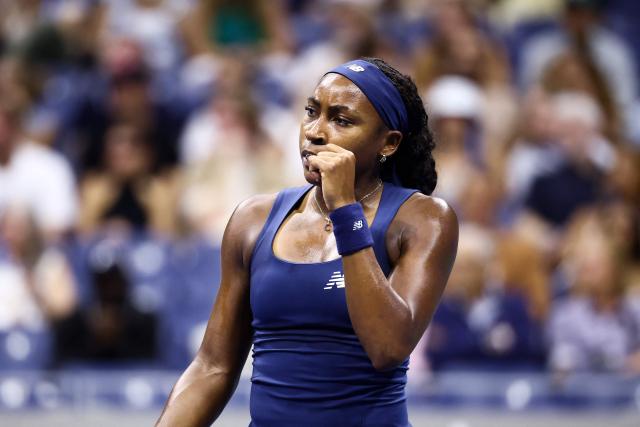 USA's Coco Gauff reacts to a point as she plays USA's Iva Jovic during the women's singles round of 16 tennis match on day nine of the US Open tennis tournament at the USTA Billie Jean King National Tennis Center in New York City on September 7, 2026. (Photo by CHARLY TRIBALLEAU / AFP)
