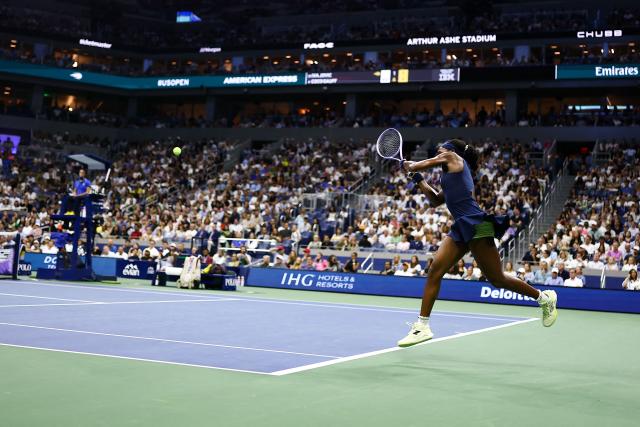 USA's Coco Gauff returns the ball to USA's Iva Jovic during the women's singles round of 16 tennis match on day nine of the US Open tennis tournament at the USTA Billie Jean King National Tennis Center in New York City on September 7, 2026. (Photo by CHARLY TRIBALLEAU / AFP)