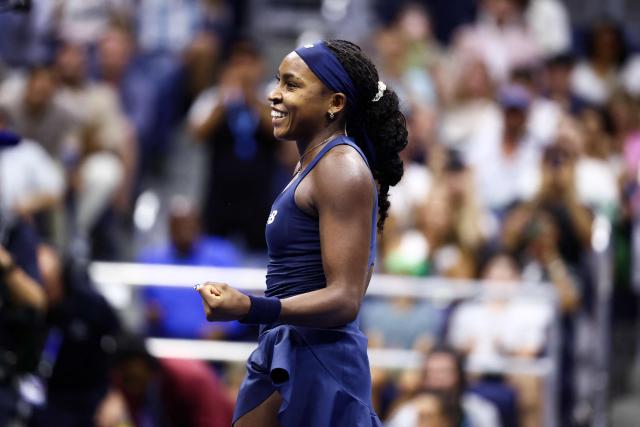 USA's Coco Gauff celebrates after defeating USA's Iva Jovic during the women's singles round of 16 tennis match on day nine of the US Open tennis tournament at the USTA Billie Jean King National Tennis Center in New York City on September 7, 2026. (Photo by CHARLY TRIBALLEAU / AFP)