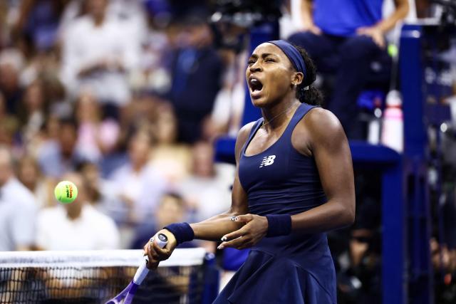 USA's Coco Gauff celebrates after defeating USA's Iva Jovic during the women's singles round of 16 tennis match on day nine of the US Open tennis tournament at the USTA Billie Jean King National Tennis Center in New York City on September 7, 2026. (Photo by CHARLY TRIBALLEAU / AFP)
