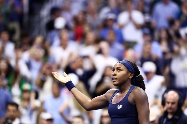 USA's Coco Gauff celebrates after defeating USA's Iva Jovic during the women's singles round of 16 tennis match on day nine of the US Open tennis tournament at the USTA Billie Jean King National Tennis Center in New York City on September 7, 2026. (Photo by CHARLY TRIBALLEAU / AFP)
