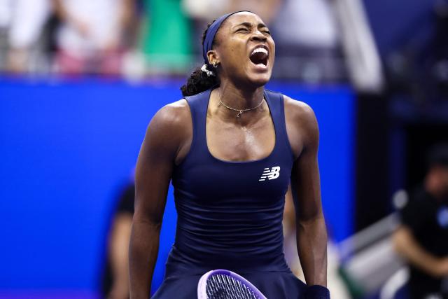 USA's Coco Gauff celebrates after defeating USA's Iva Jovic during the women's singles round of 16 tennis match on day nine of the US Open tennis tournament at the USTA Billie Jean King National Tennis Center in New York City on September 7, 2026. (Photo by CHARLY TRIBALLEAU / AFP)