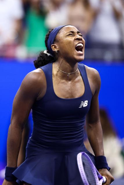 USA's Coco Gauff celebrates after defeating USA's Iva Jovic during the women's singles round of 16 tennis match on day nine of the US Open tennis tournament at the USTA Billie Jean King National Tennis Center in New York City on September 7, 2026. (Photo by CHARLY TRIBALLEAU / AFP)