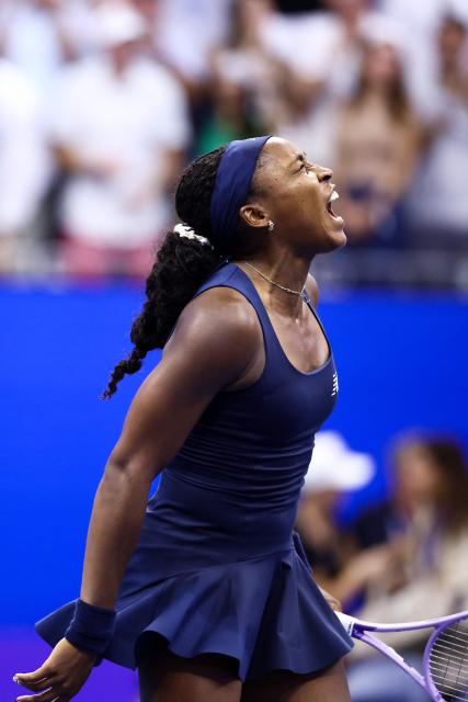 USA's Coco Gauff celebrates after defeating USA's Iva Jovic during the women's singles round of 16 tennis match on day nine of the US Open tennis tournament at the USTA Billie Jean King National Tennis Center in New York City on September 7, 2026. (Photo by CHARLY TRIBALLEAU / AFP)