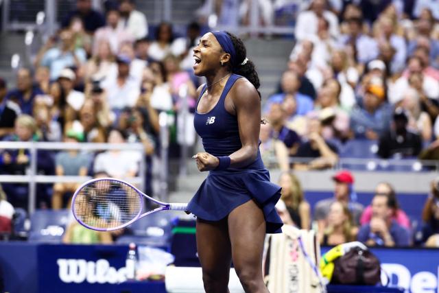 USA's Coco Gauff celebrates after defeating USA's Iva Jovic during the women's singles round of 16 tennis match on day nine of the US Open tennis tournament at the USTA Billie Jean King National Tennis Center in New York City on September 7, 2026. (Photo by CHARLY TRIBALLEAU / AFP)
