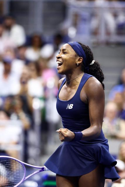 USA's Coco Gauff celebrates after defeating USA's Iva Jovic during the women's singles round of 16 tennis match on day nine of the US Open tennis tournament at the USTA Billie Jean King National Tennis Center in New York City on September 7, 2026. (Photo by CHARLY TRIBALLEAU / AFP)