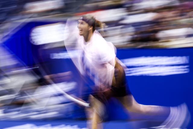 Germany's Alexander Zverev hits a return during the men's singles round of 16 tennis match against Italy's Luciano Darderi on day nine of the US Open tennis tournament at the USTA Billie Jean King National Tennis Center in New York City on September 7, 2026. (Photo by CHARLY TRIBALLEAU / AFP)
