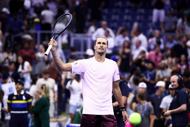 Germany's Alexander Zverev celebrates after victory during the men's singles round of 16 tennis match against Italy's Luciano Darderi on day nine of the US Open tennis tournament at the USTA Billie Jean King National Tennis Center in New York City on September 7, 2026. (Photo by CHARLY TRIBALLEAU / AFP)