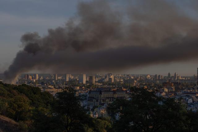 Smoke rises over the city following a Russian air attack on Kyiv on September 8, 2026, amid the Russian invasion of Ukraine. A wave of strong explosions rang out in Kyiv, AFP journalists said, as Russia resumed strikes on the Ukrainian capital after a three-day halt. Russian President Vladimir Putin had ordered the pause in attacks as US President Donald Trump's envoys Steve Witkoff and Jared Kushner visited the Russian and Ukrainian capitals at the weekend. (Photo by Roman PILIPEY / AFP)