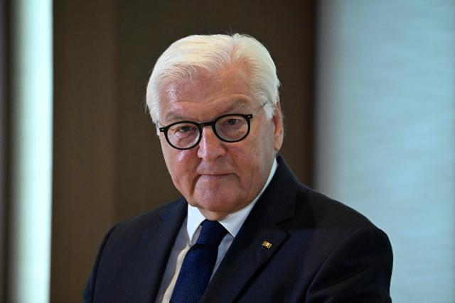 German President Frank-Walter Steinmeier is pictured during the award ceremony for the Grand Cross of Merit with Star to Literature Nobel Prize laureate László Krasznahorkai in Berlin, on September 8, 2026. (Photo by Tobias SCHWARZ / AFP)