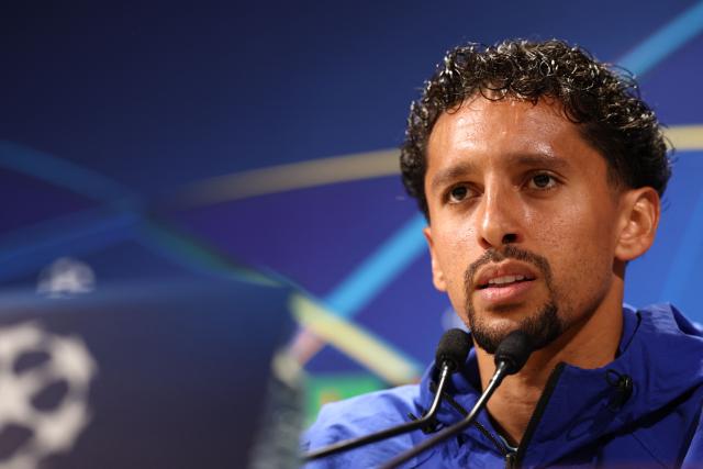 PSG's Brazilian defender #05 Marquinhos holds a press conference at the Paris Saint-Germain's campus in Poissy, west of Paris on September 8, 2026 on the eve of their UEFA Champions League first round football match against Slovan Bratislava. (Photo by FRANCK FIFE / AFP)
