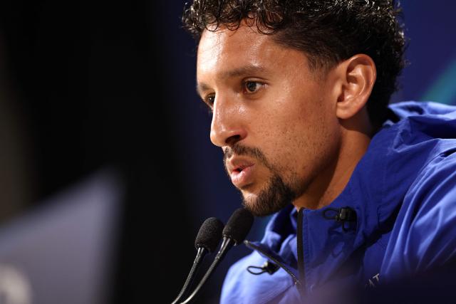 PSG's Brazilian defender #05 Marquinhos holds a press conference at the Paris Saint-Germain's campus in Poissy, west of Paris on September 8, 2026 on the eve of their UEFA Champions League first round football match against Slovan Bratislava. (Photo by FRANCK FIFE / AFP)