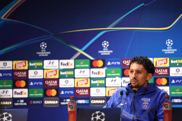 PSG's Brazilian defender #05 Marquinhos holds a press conference at the Paris Saint-Germain's campus in Poissy, west of Paris on September 8, 2026 on the eve of their UEFA Champions League first round football match against Slovan Bratislava. (Photo by FRANCK FIFE / AFP)