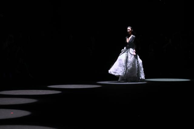 A model displays a creation from the Weilei collection by Bao Lei during the China Fashion week in Beijing on September 8, 2026. (Photo by WANG Zhao / AFP)