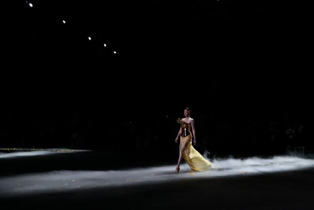 A model displays a creation from the Nunu Nono collection by Zhang En during the China Fashion week in Beijing on September 8, 2026. (Photo by WANG Zhao / AFP)