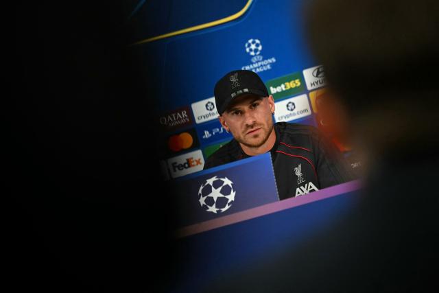 Liverpool's Argentinian midfielder #10 Alexis Mac Allister attends a press conference at Anfield stadium in Liverpool, north-west England on September 8, 2026, on the eve of their UEFA Champions League, first round football match against Atletico Madrid. (Photo by Paul ELLIS / AFP)