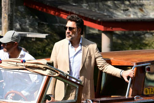 Actor Javier Bardem arrives on a taxi-boat for the photocall of "Bunker" presented in competition at the 83rd International Venice Film Festival, at Venice Lido on September 8, 2026. (Photo by Stefano Rellandini / AFP)