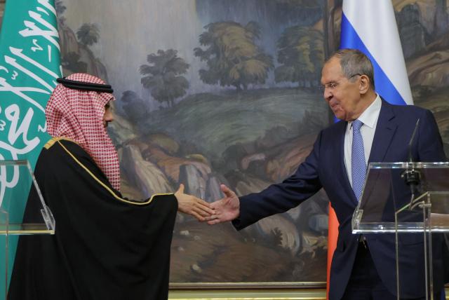 Russian Foreign Minister Sergey Lavrov (R) shakes hands with Saudi Arabia Foreign Minister Faisal bin Farhan Al Saud during a joint press-conference in Moscow on September 8, 2026. (Photo by MAXIM SHIPENKOV / POOL / AFP)