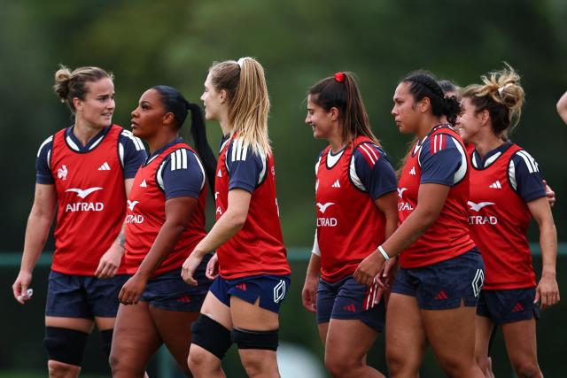 France's players take part in a training session, as part of the preparation for the match between France and New Zealand, in Marcoussis, south of Paris, on September 8, 2026. (Photo by Anne-Christine POUJOULAT / AFP)