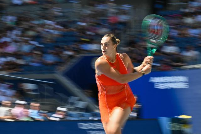 Belarus's Aryna Sabalenka hits a return to Czech Republic's Linda Noskova during their women's singles quarter-final tennis match on day ten of the US Open tennis tournament at the USTA Billie Jean King National Tennis Center in New York on September 8, 2026. (Photo by ANGELA WEISS / AFP)