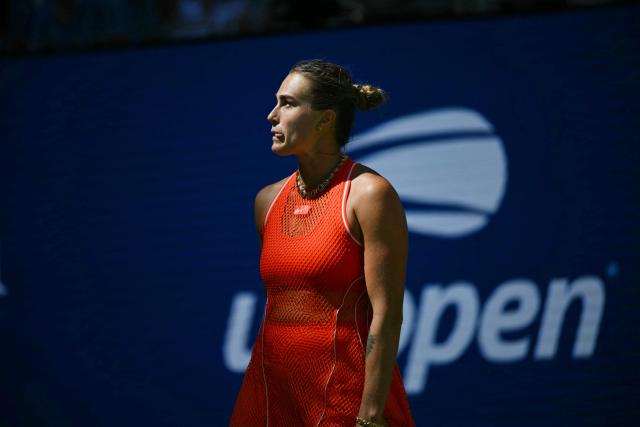 Belarus's Aryna Sabalenka reacts after a point during their women's singles quarter-final tennis match against Czech Republic's Linda Noskova on day ten of the US Open tennis tournament at the USTA Billie Jean King National Tennis Center in New York on September 8, 2026. (Photo by ANGELA WEISS / AFP)