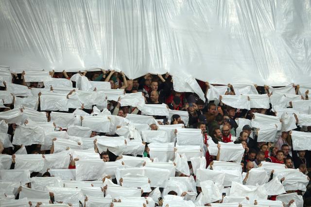 Lille supporters cheer their team on from the stands ahead of the UEFA Champions League, league phase day 1, football match between Lille (FRA) and Real Betis (ESP) at the Stade Pierre Mauroy, in Villeneuve d'Ascq, on September 8, 2026. (Photo by Sameer AL-DOUMY / AFP)