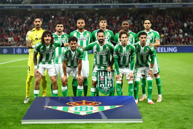 Real Betis' players pose for a team photograph ahead of the UEFA Champions League, league phase day 1, football match between Lille (FRA) and Real Betis (ESP) at the Stade Pierre Mauroy, in Villeneuve d'Ascq, on September 8, 2026. (Photo by Sameer AL-DOUMY / AFP)