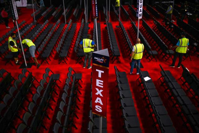 Workers prepare the American Airlines Center ahead of the Republican National Committee (RNC) Midterm Convention in Dallas, Texas on September 8, 2026. The convention, announced by Trump as the first national Republican gathering held during a midterm election year, is expected to draw the president alongside Vice President JD Vance and other Republican leaders as the party looks to rally voters ahead of a hard-fought battle for control of Congress in November. (Photo by Kent NISHIMURA / AFP)