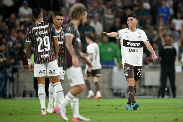 Platense's forward #79 Bruno Sepulveda (R) reacts during the Copa Libertadores quarter-final first leg football match between Brazil's Fluminense and Argentina's Platense at the Maracana stadium in Rio de Janeiro, Brazil on September 8, 2026. (Photo by MAURO PIMENTEL / AFP)