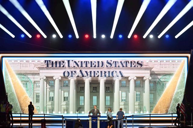 US Treasury Secretary Scott Bessent (C) stands on the stage during preparations ahead of the Republican National Committee (RNC) Midterm Convention at the American Airlines Center in Dallas, Texas on September 8, 2026. The convention, announced by Trump as the first national Republican gathering held during a midterm election year, is expected to draw the president alongside Vice President JD Vance and other Republican leaders as the party looks to rally voters ahead of a hard-fought battle for control of Congress in November. (Photo by Kent NISHIMURA / AFP)