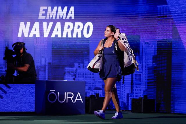 USA's Emma Navarro arrives for the women's singles quarter-final tennis match against USA's Jessica Pegula on day ten of the US Open tennis tournament at the USTA Billie Jean King National Tennis Center in New York City on September 8, 2026. (Photo by CHARLY TRIBALLEAU / AFP)