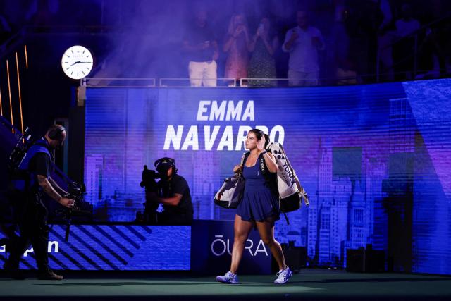 USA's Emma Navarro arrives for the women's singles quarter-final tennis match against USA's Jessica Pegula on day ten of the US Open tennis tournament at the USTA Billie Jean King National Tennis Center in New York City on September 8, 2026. (Photo by CHARLY TRIBALLEAU / AFP)