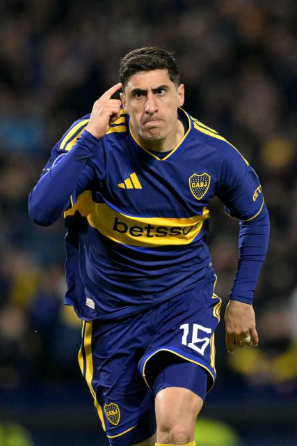 Boca Juniors' Uruguayan forward #16 Miguel Merentiel celebrates after scoring a goal during the Copa Sudamericana quarter-final first leg football match between Argentina's Boca Juniors and Brazil's Sao Paulo at La Bombonera stadium in Buenos Aires on September 8, 2026. (Photo by JUAN MABROMATA / AFP)